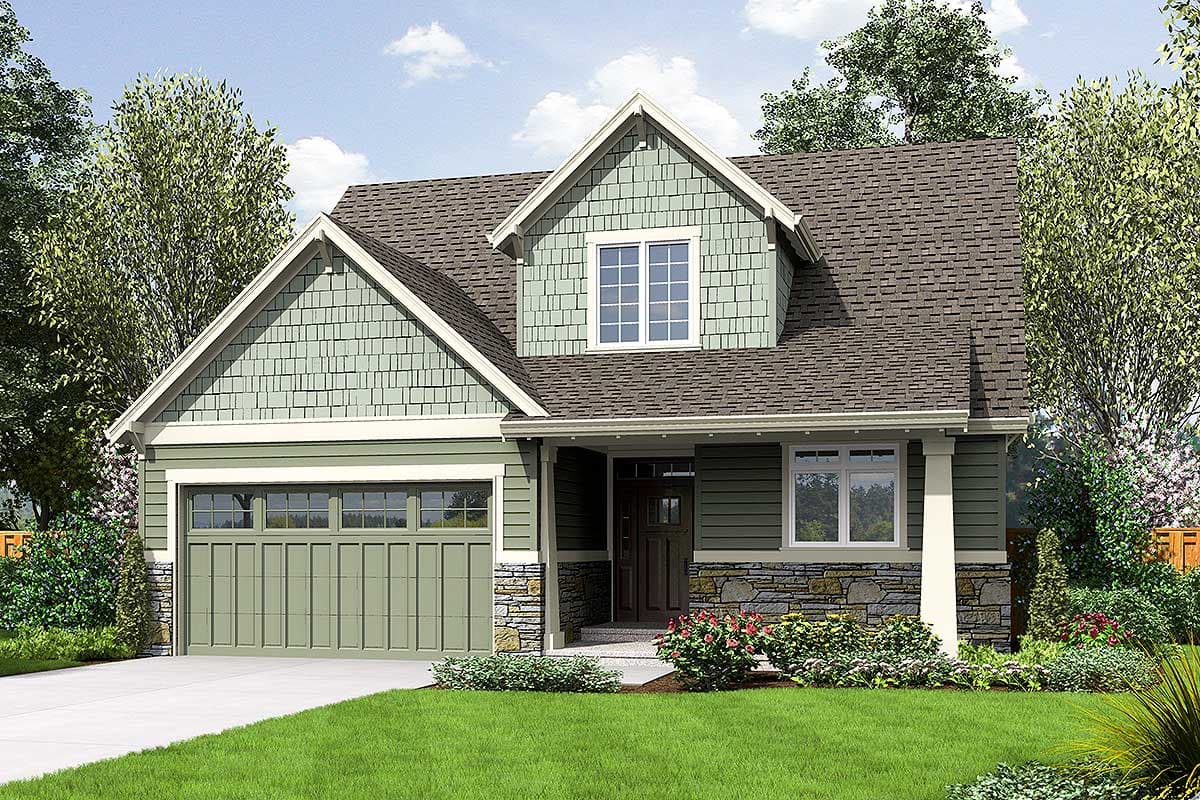 House plan exterior. Craftsman style with two stories, gabled roof, dormer, and attached garage. Stone accents and covered porch with columns.