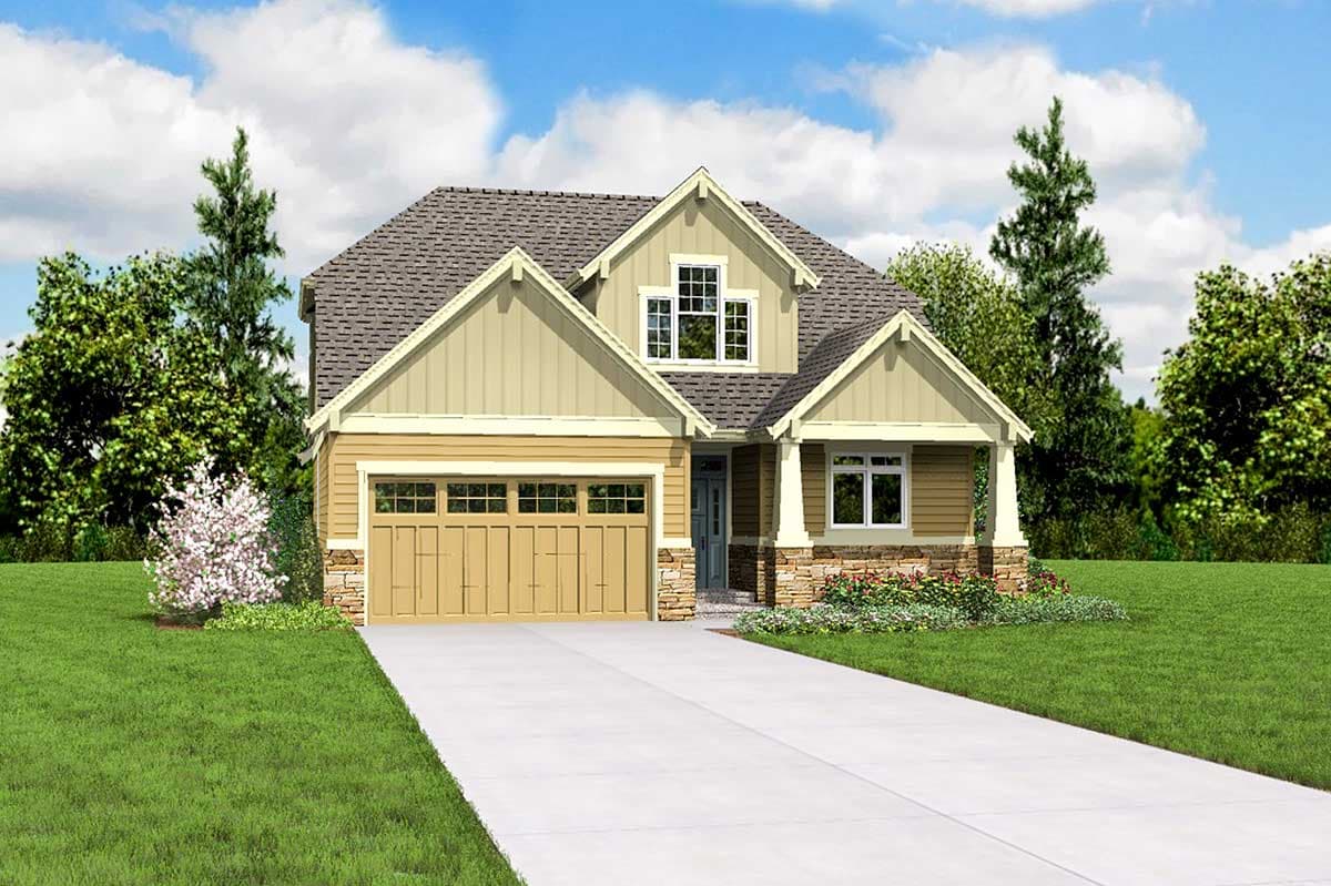 House plan exterior: Two-story home with gabled dormers, stone foundation, covered front porch with columns, and a side-facing garage.