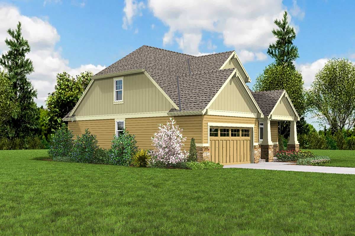 House plan exterior: Two-story home with side-entry garage, dormer, and covered front porch.