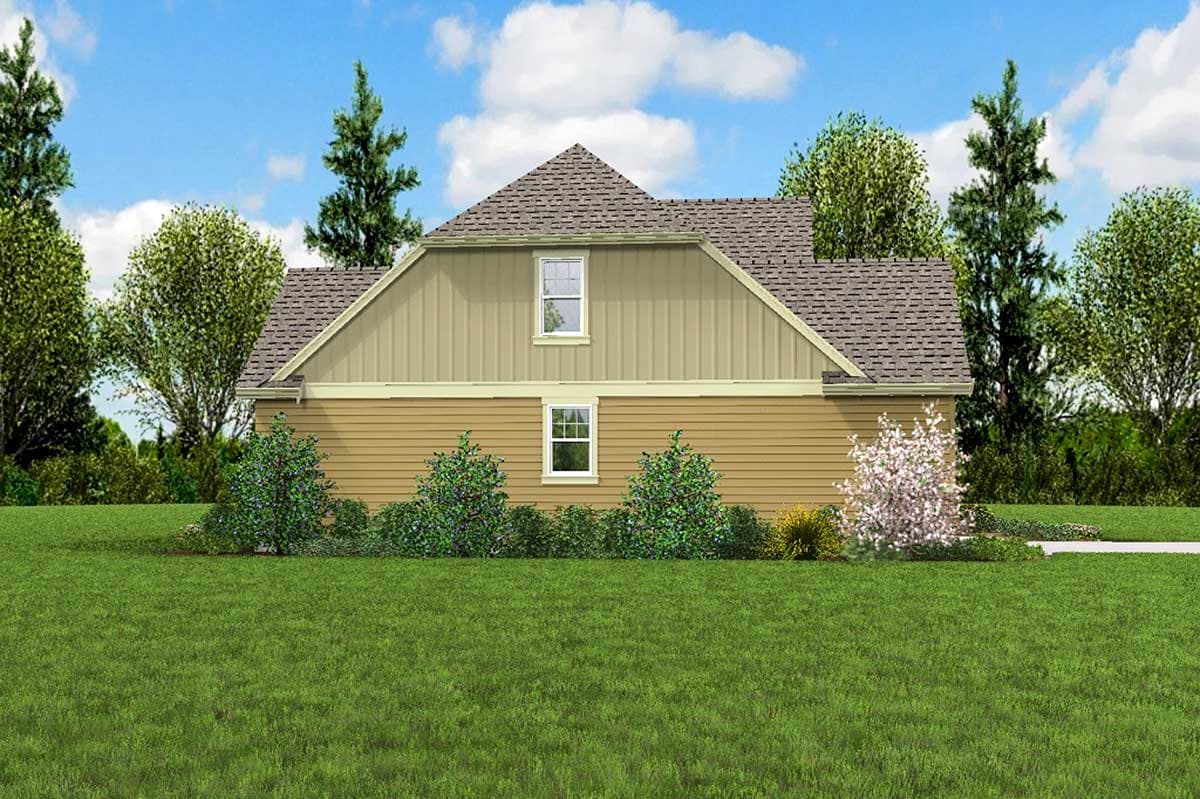 House plan exterior, two-story with gabled roof, horizontal siding, and two windows visible on side elevation.