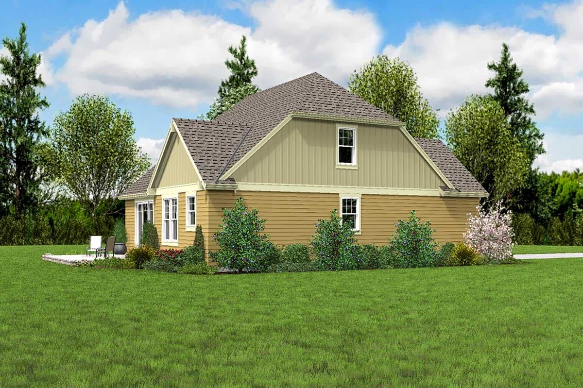 House plan exterior: Two-story house with gabled roof, dormer, and horizontal siding.
