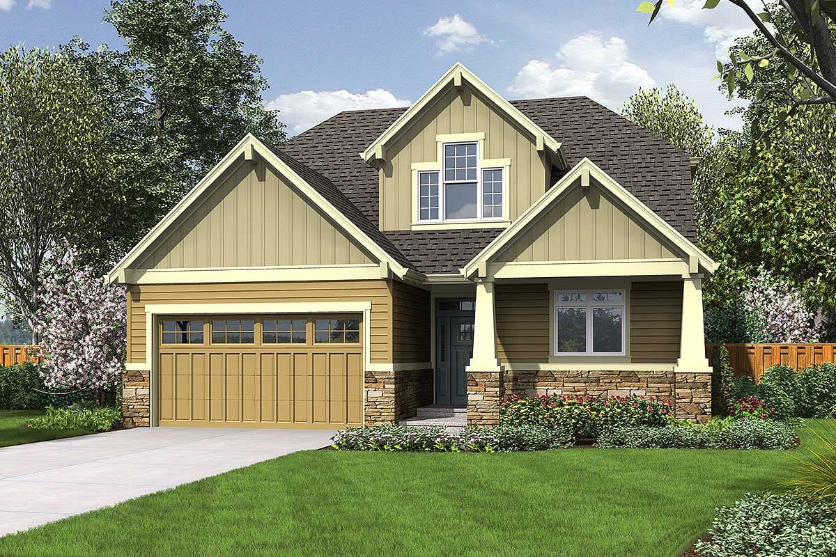 House plan exterior featuring Craftsman-style design. One-story home with front-facing garage, gabled roof, and stone-clad foundation detail.