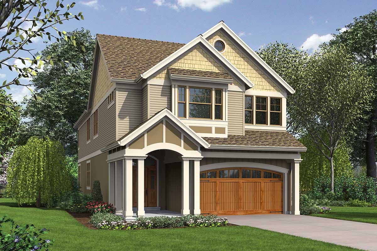 House plan exterior: Two-story home with arched entry porch, dormer, and wood garage door.