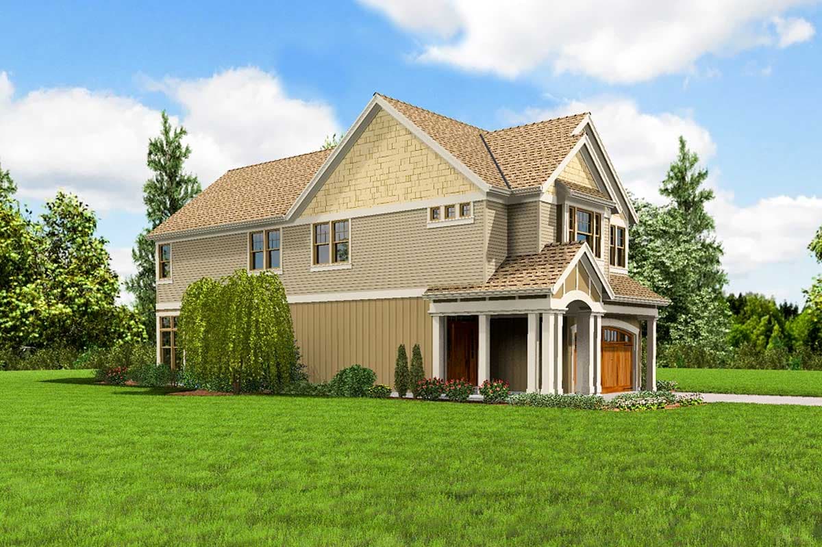 House plan exterior: Two-story home with gabled roof, shingled dormers, covered front porch with columns, and an attached garage.