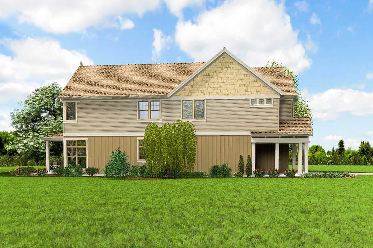 House plan exterior: Two-story with gabled dormers, shingle siding accents, and a covered front porch with columns.