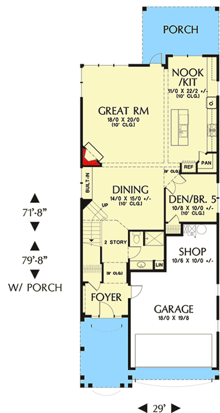 Plan 69529AM: Narrow Lot House Plan with a Pair of Porches - Floor Plan - Main Level - Craftsman, Northwest