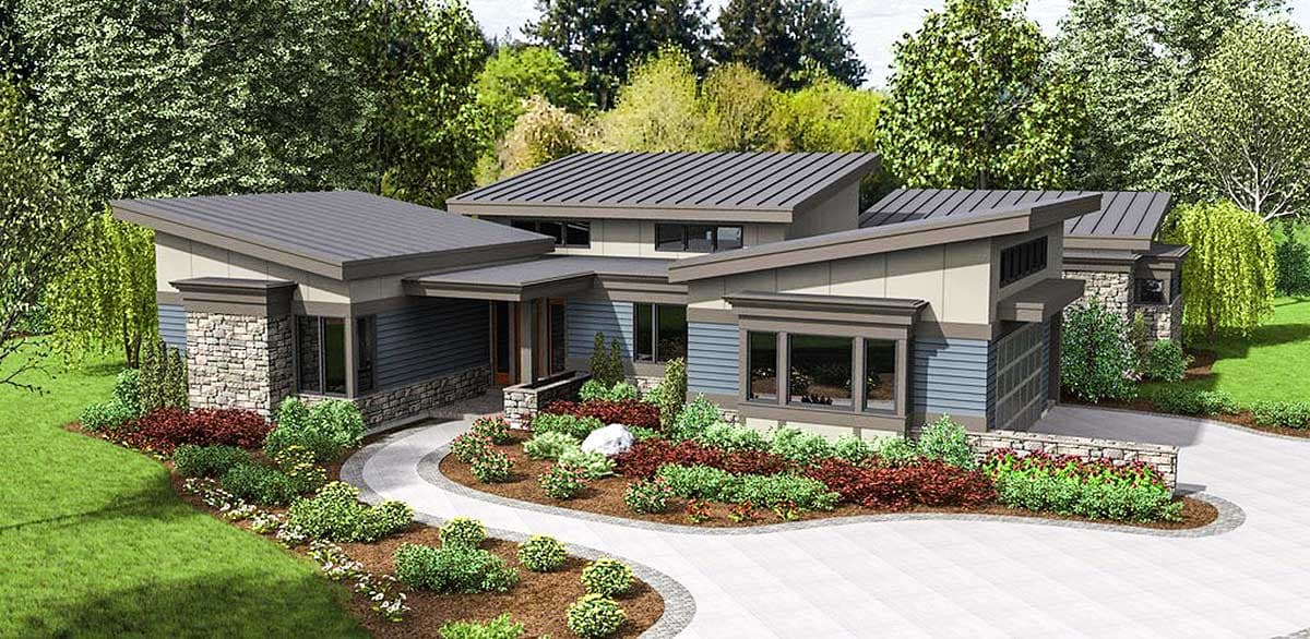 Modern style house plan exterior featuring asymmetrical rooflines, stacked stone accents, horizontal siding, and large windows.