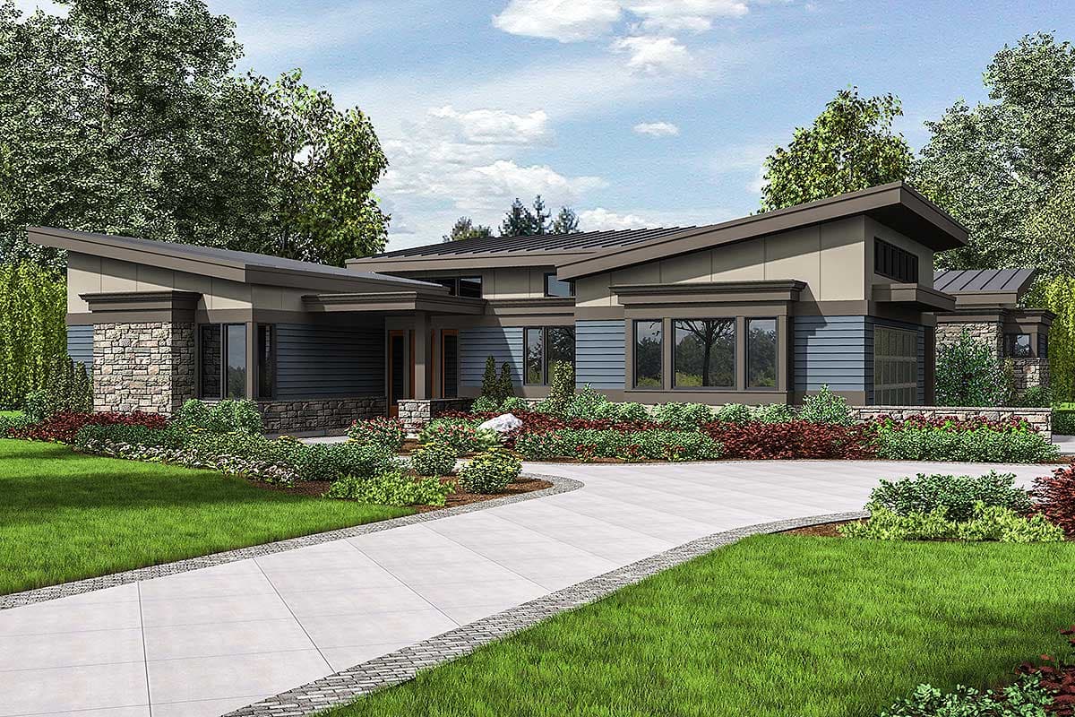 Modern house plan exterior with angled rooflines, stone accents, blue siding, and a two-car garage.