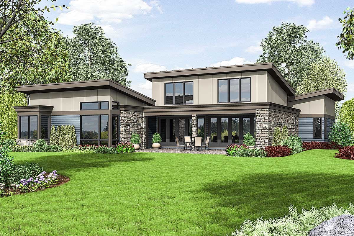 Modern house plan exterior with stone accents, expansive windows, and low-pitched rooflines.