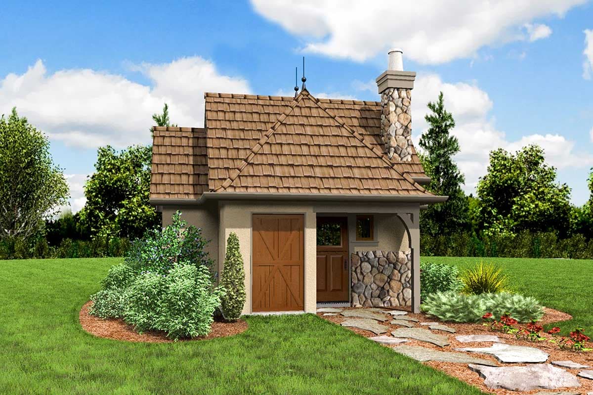 House plan exterior: Single-story cottage with steeply pitched roof, stone chimney, wooden garage door, and stone skirting.