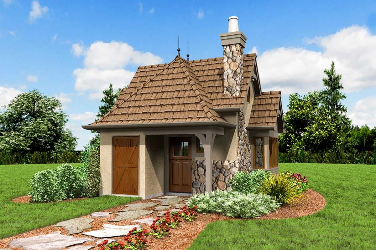 House plan exterior: Small cottage-style home with a prominent stone chimney, gabled roof, covered entry, and wooden garage door.