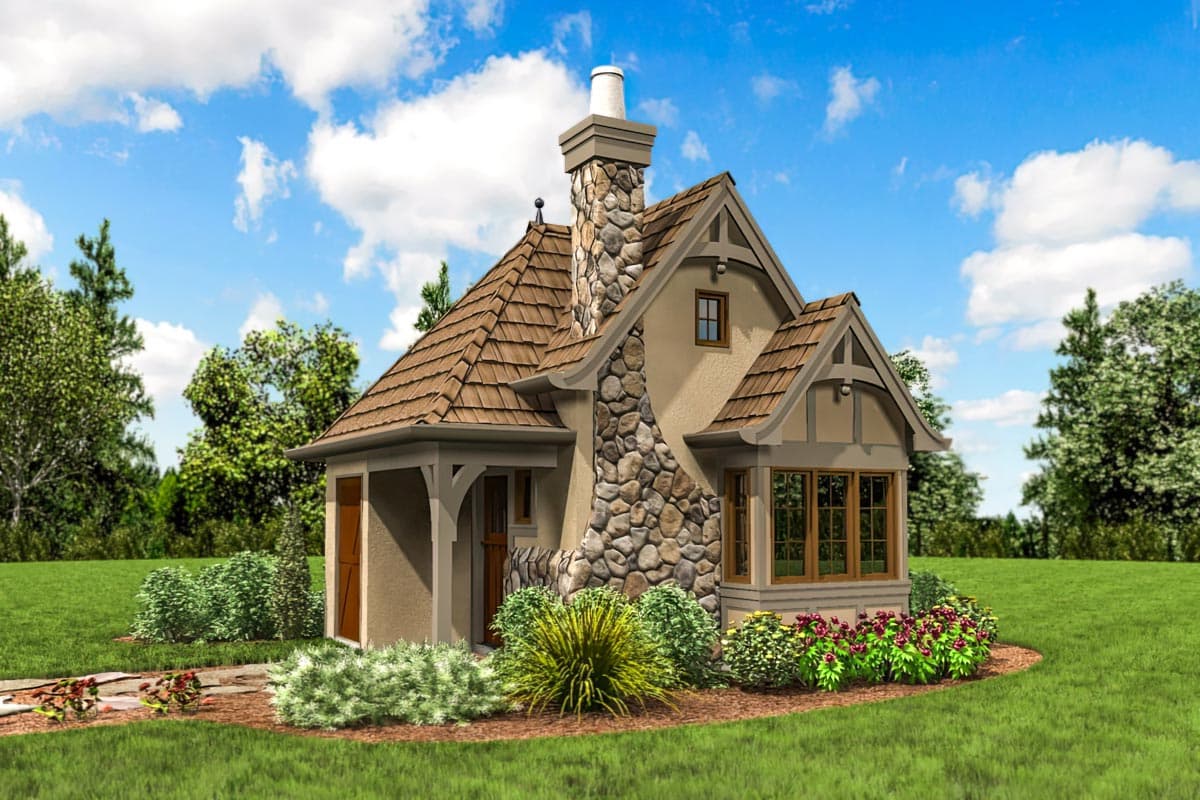 House plan exterior. Cottage style with stone chimney and gables. Features include a covered porch and multi-pane bay window.