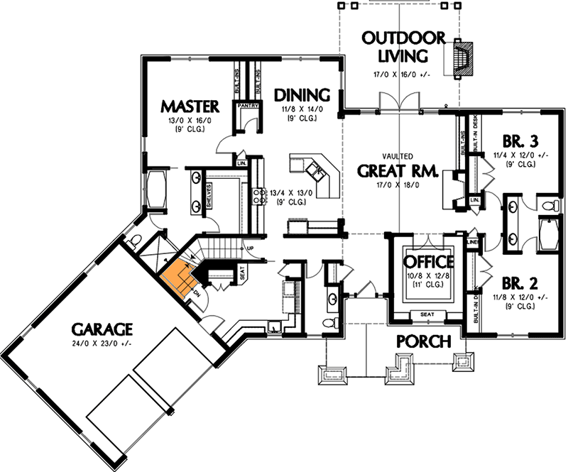 Plan 69533AM: 3 Bedroom Craftsman Home Plan - Floor Plan - Basement Stair Location - Craftsman, Northwest, Shingle