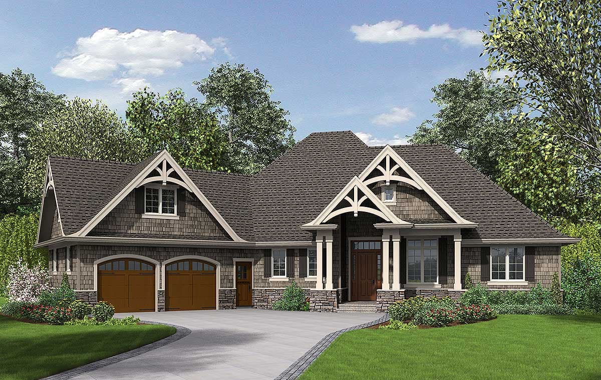 Craftsman house plan exterior with a prominent covered entry, two garage doors, and decorative gables.