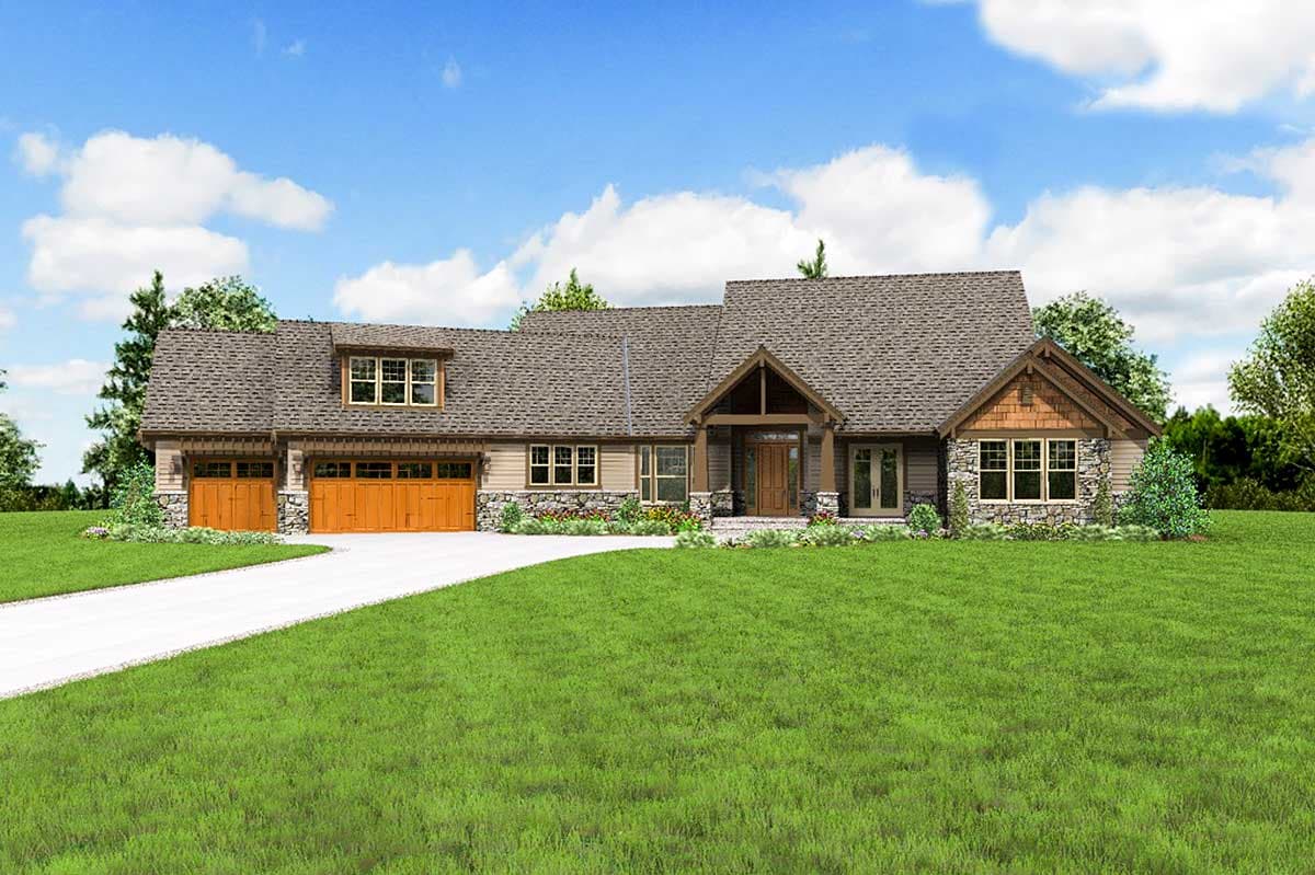 House plan exterior rendering of a one-story Modern Farmhouse with a three-car garage, prominent gable with timber accents, and stone and wood siding.