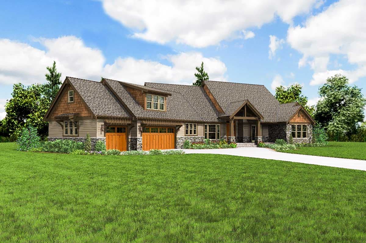 House plan exterior shows a one-story Modern Farmhouse with a three-car garage, stone accents, and prominent gables.