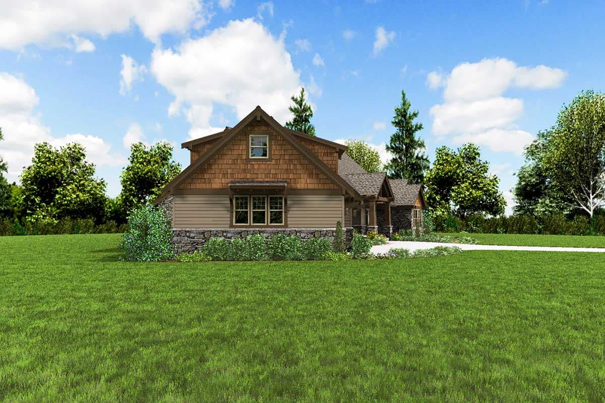 House plan exterior with stone base, horizontal siding, cedar shakes, and a prominent gable.