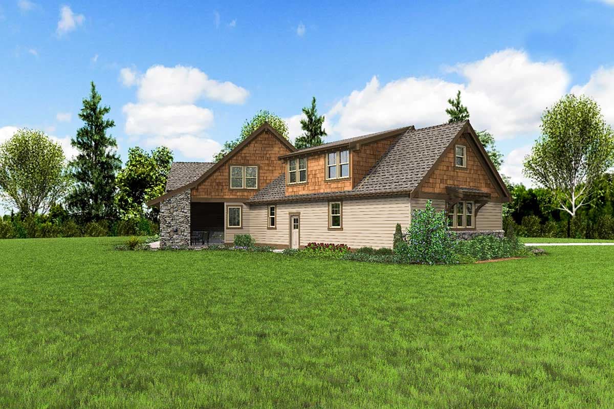 House plan exterior with stone accents, multiple gables, dormers, and covered porch.