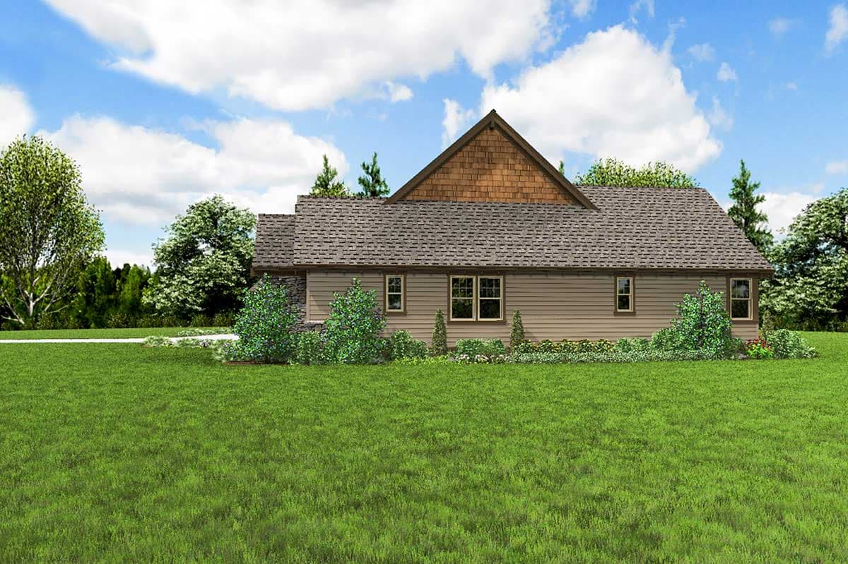 House plan exterior: Single-story home with prominent gabled dormer, horizontal siding, and stone accents.