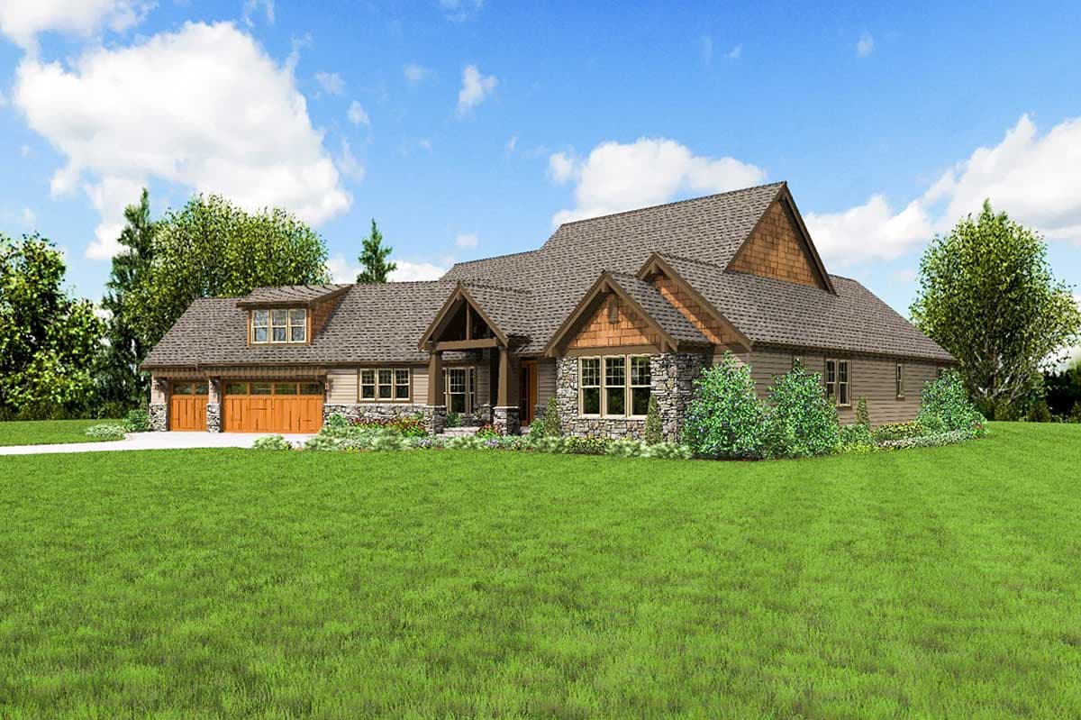 House plan exterior: Craftsman style, one story with three-car garage, stone accents, dormer, and covered entry.