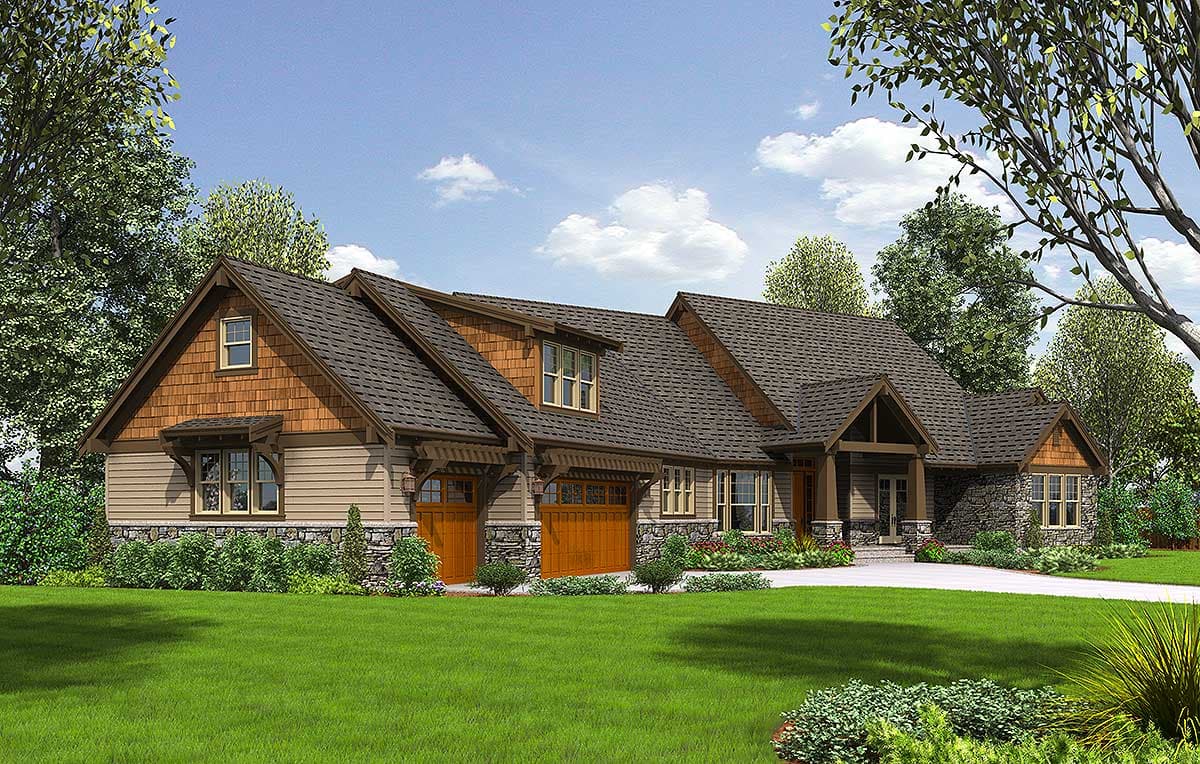 House plan exterior featuring Craftsman style, multiple gables, stone accents, dormers, and a two-car garage with a wood-tone door.