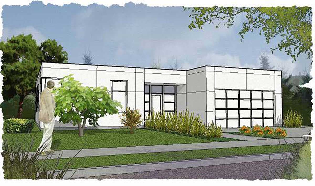 Modern house plan exterior with a flat roof, large windows, and an attached two-car garage.
