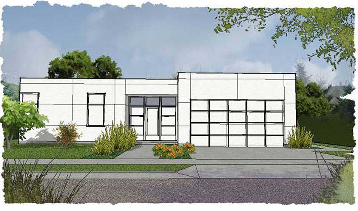 Modern house plan exterior with horizontal siding, a flat roof, large multi-pane garage door, and glass-paneled entry.