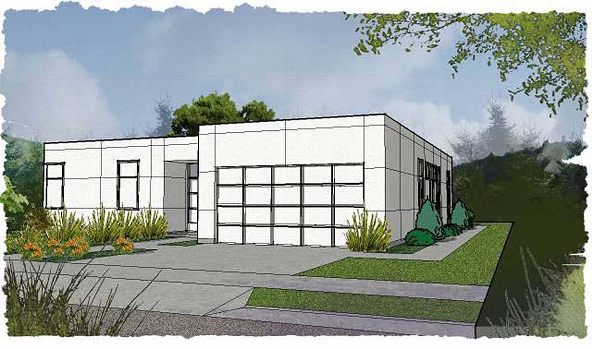 Modern house plan exterior, one story, with a flat roof, large grid garage door, and minimal windows.