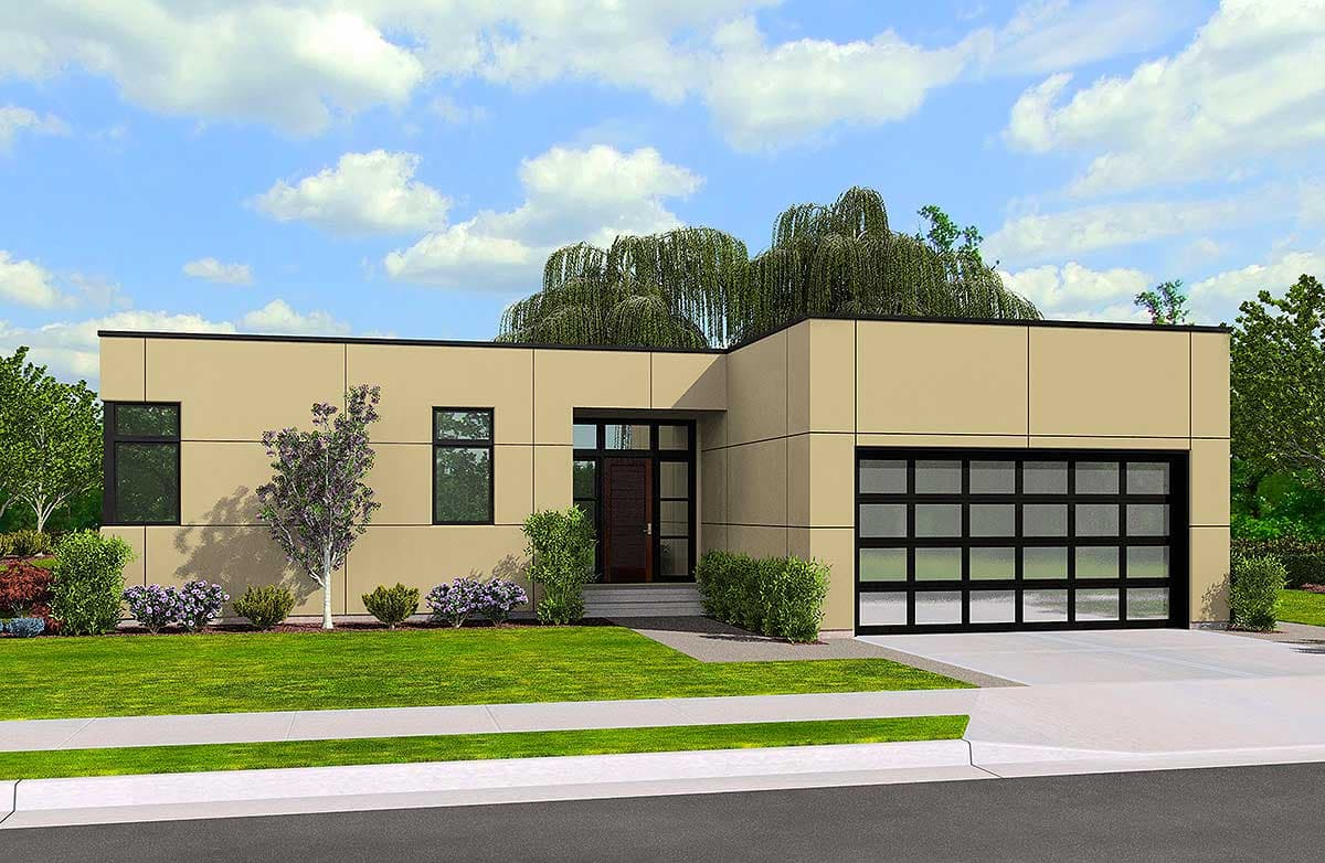 Modern house plan exterior with flat roof, beige siding, glass garage door, and one-story layout.