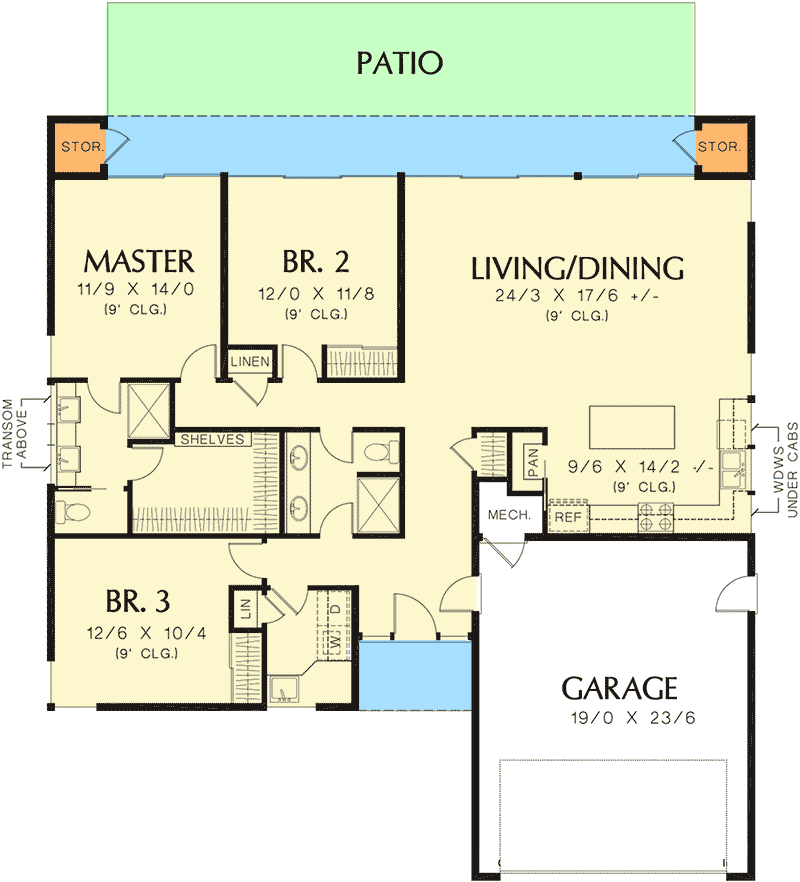 Plan 69535AM: 3 Bedroom Contemporary House Plan - 1624 Sq Ft - Floor Plan - Main Level - Contemporary, Modern