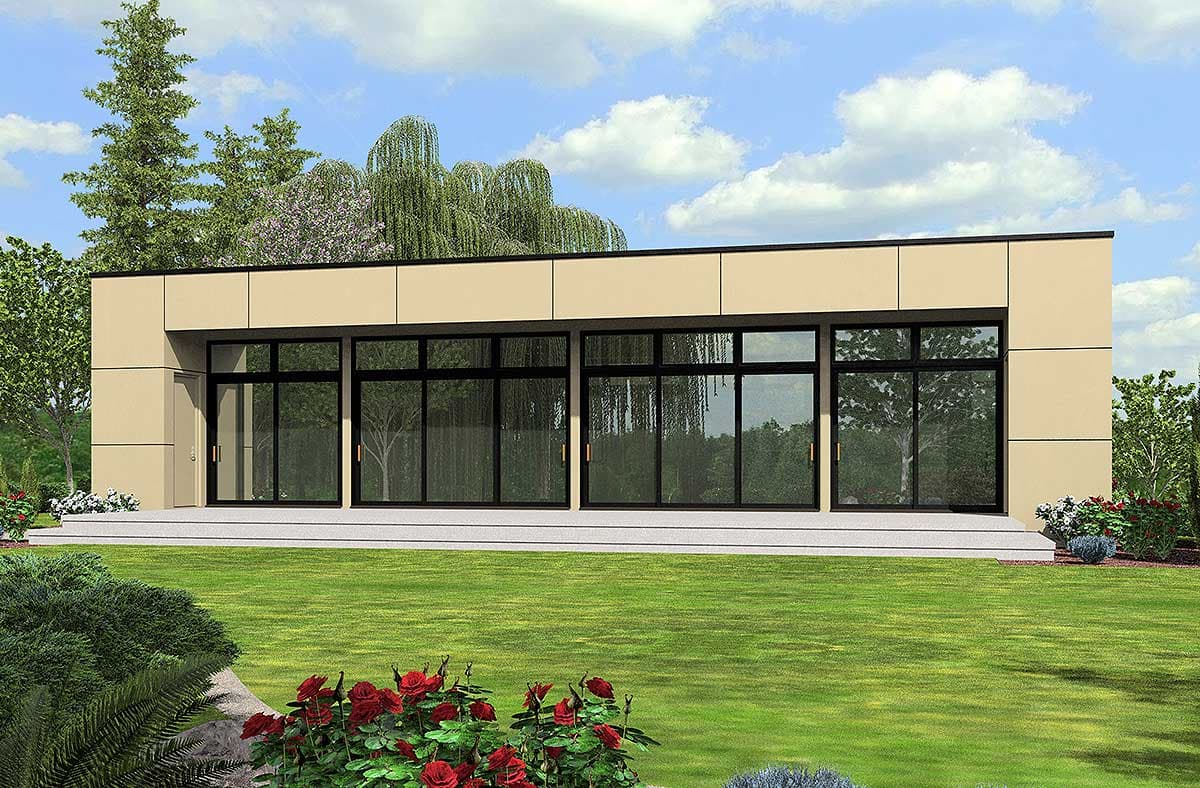 Modern house plan exterior with beige siding, a flat roof, and a wall of large glass windows.