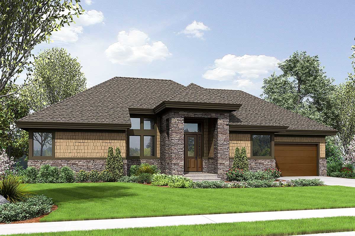 House plan exterior with a single story, low-pitched roof, stone and shake siding, and a covered entry. Includes attached garage.