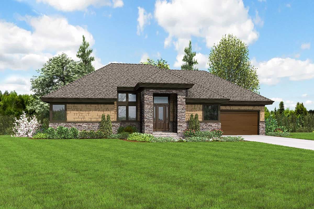 House plan exterior: one-story Modern style with stone accents, prominent entry with large windows, and attached garage.
