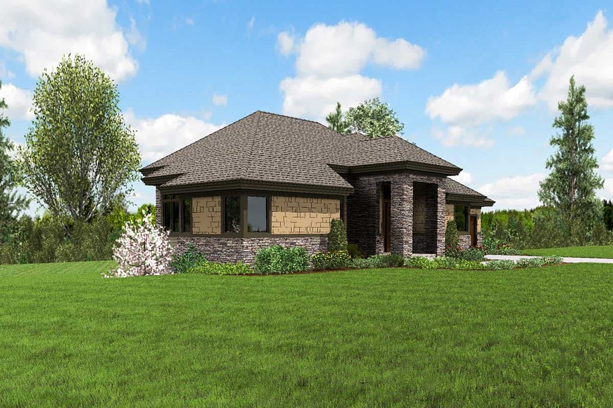 House plan exterior: Single-story modern home with stone and textured siding, a hipped roof, and a covered entryway with columns.