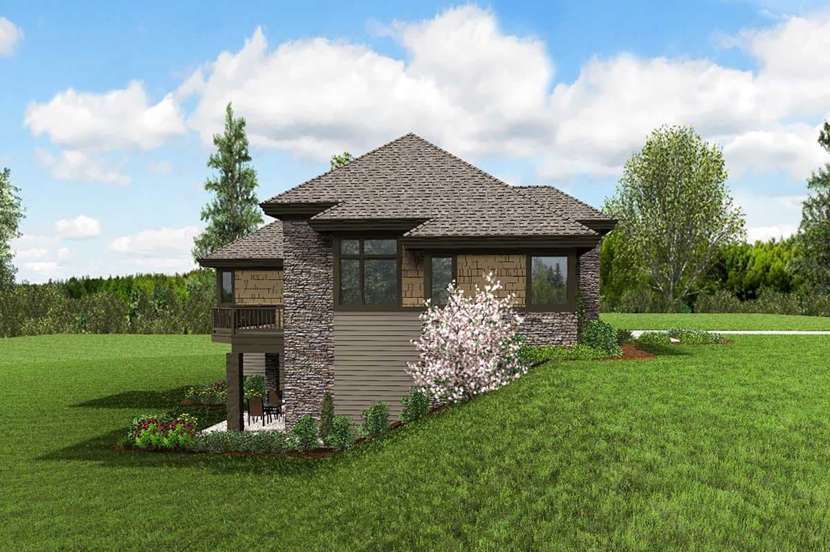 House plan exterior showcasing stone and horizontal siding, large windows, and a covered balcony.