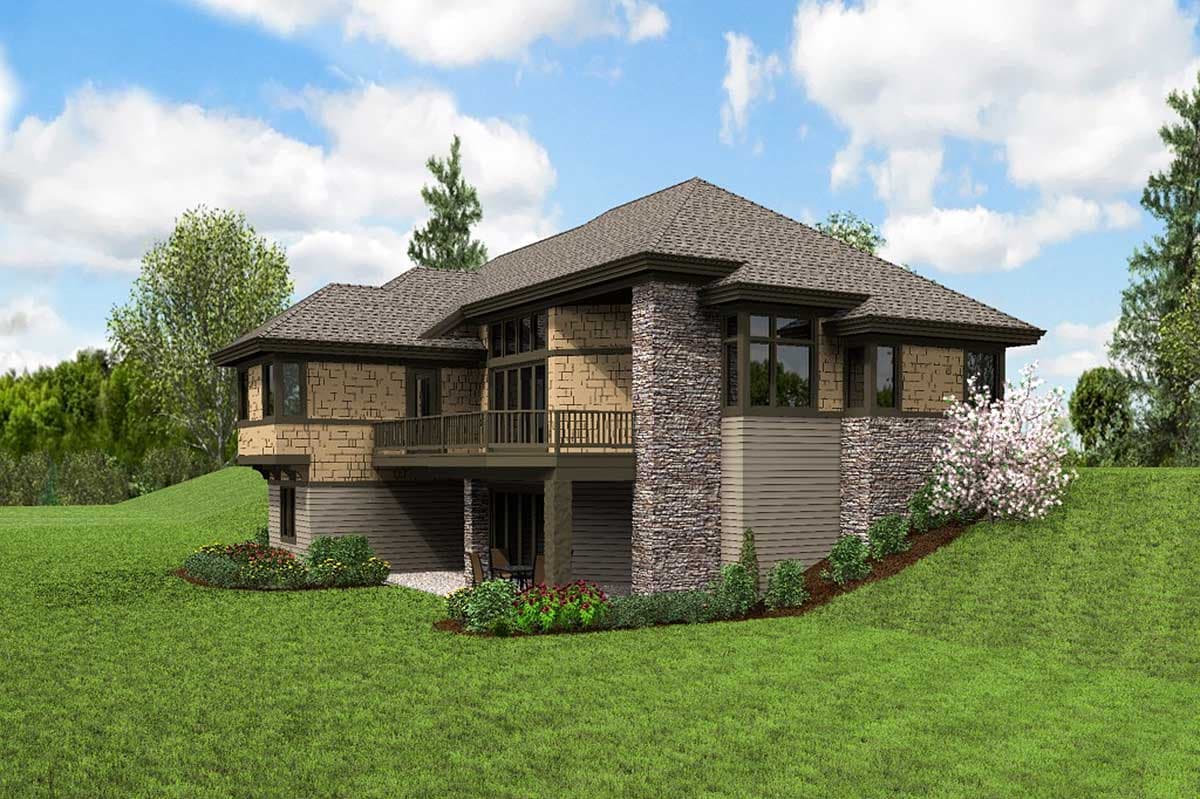 House plan exterior, two stories, stone accents, wide horizontal siding, and a deck with railing.