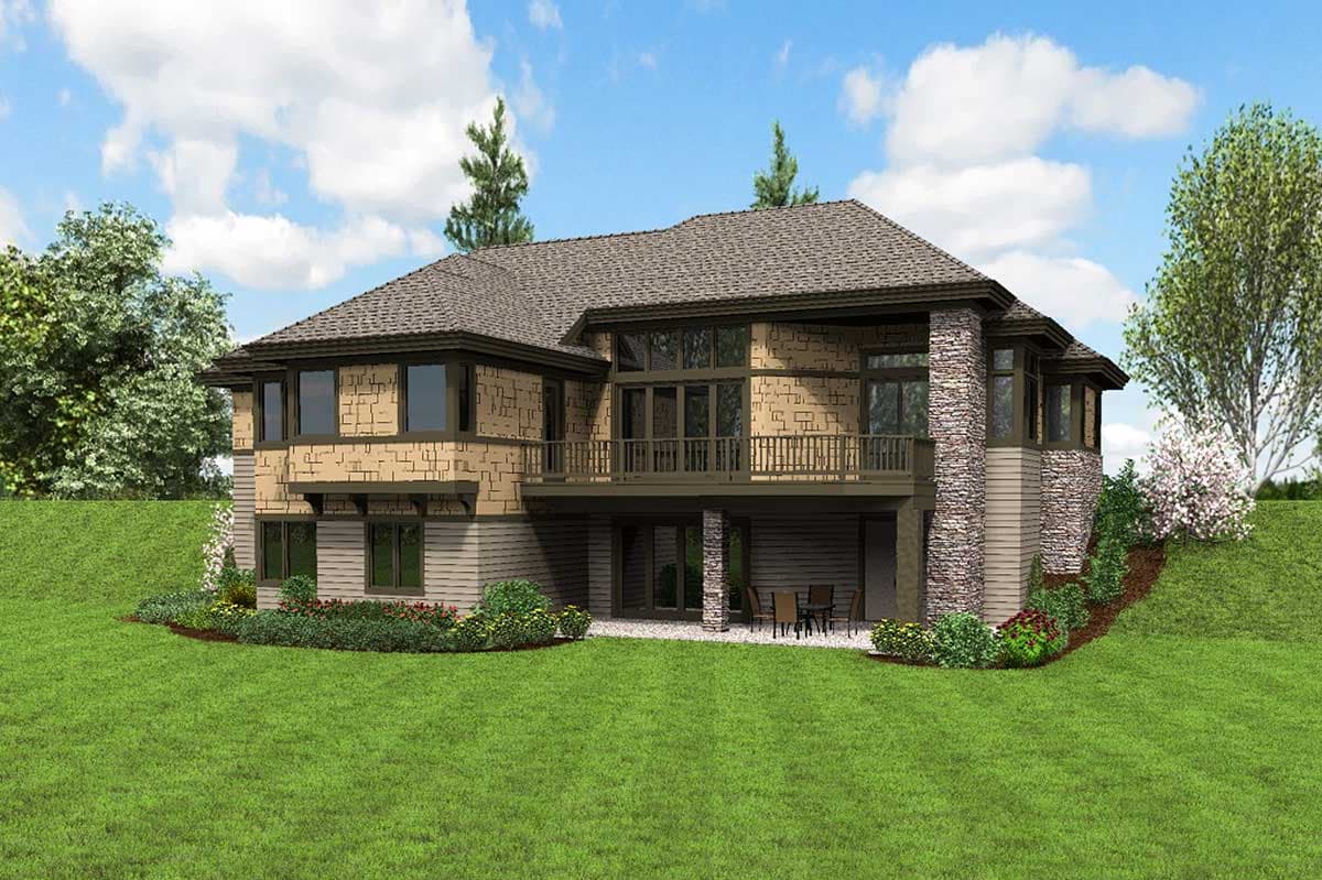 House plan exterior rendering of a two-story home with stone accents, a deck, and a walk-out lower level.