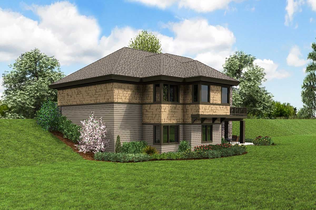 House plan exterior with two stories, a multi-level roof, stone accents, and a covered balcony.