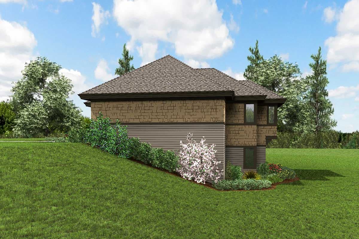 House plan exterior featuring two stories, a hipped roof, and a mix of stacked stone and horizontal siding.