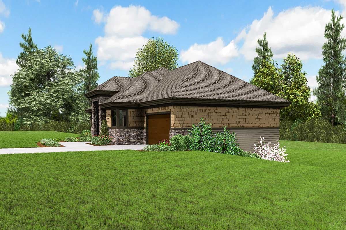 House plan exterior: One-story modern home with stone and wood siding, hip roof, and front-facing garage.