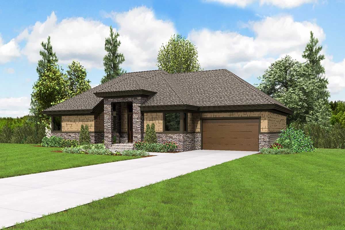 House plan exterior: Single-story home with stone accents, prominent covered entryway, and attached garage.