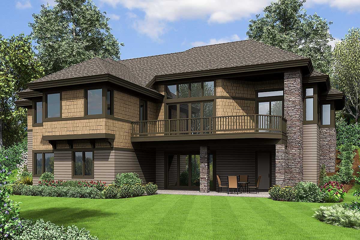 House plan exterior featuring stacked stone accents, a second-story deck with railings, and varied shingle and horizontal siding.