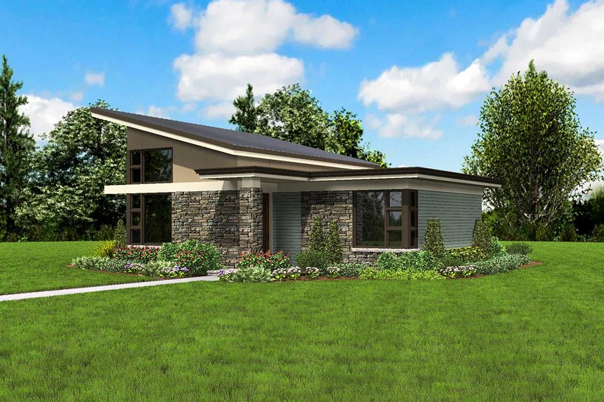 Modern house plan exterior with asymmetrical roofline, stone accent walls, and large geometric windows.