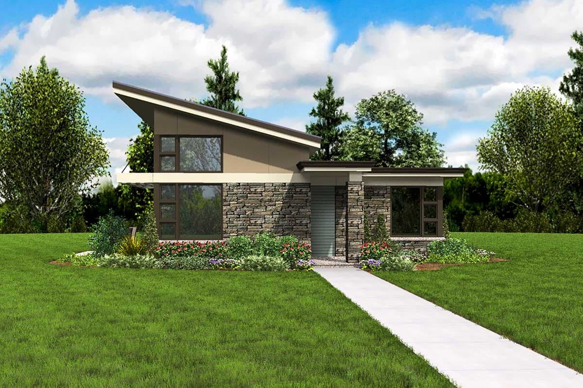 House plan exterior: Modern style, two stories, stone facade, prominent asymmetrical roofline, and large windows.