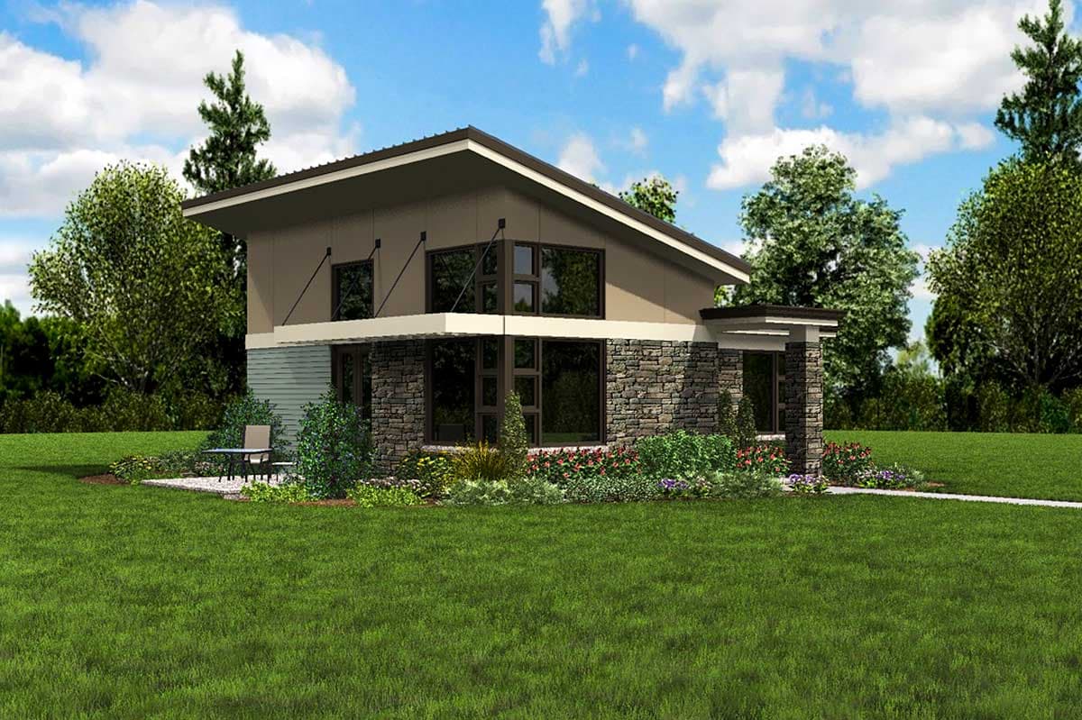 House plan exterior: Modern style, two stories, asymmetrical roof, stone and siding facade, large windows, and covered entry.