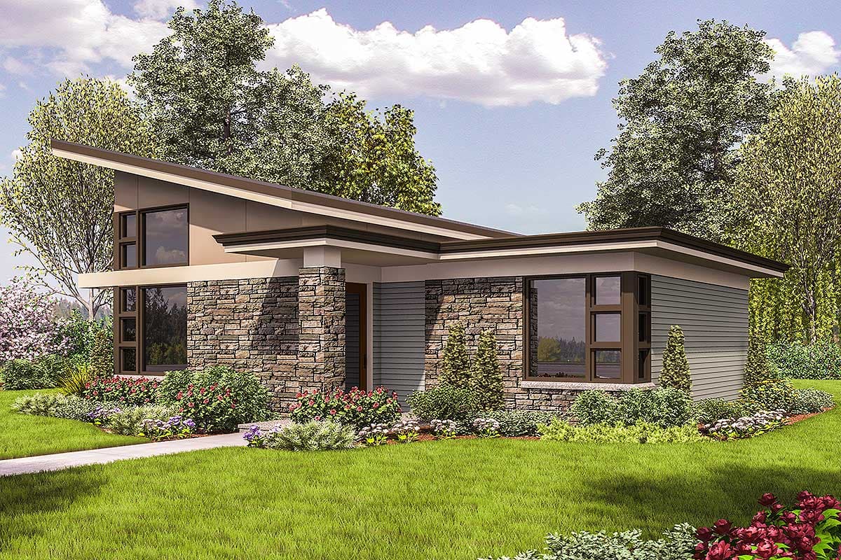 Modern house plan exterior with asymmetrical rooflines, stone facade accents, horizontal siding, and large multi-pane windows.