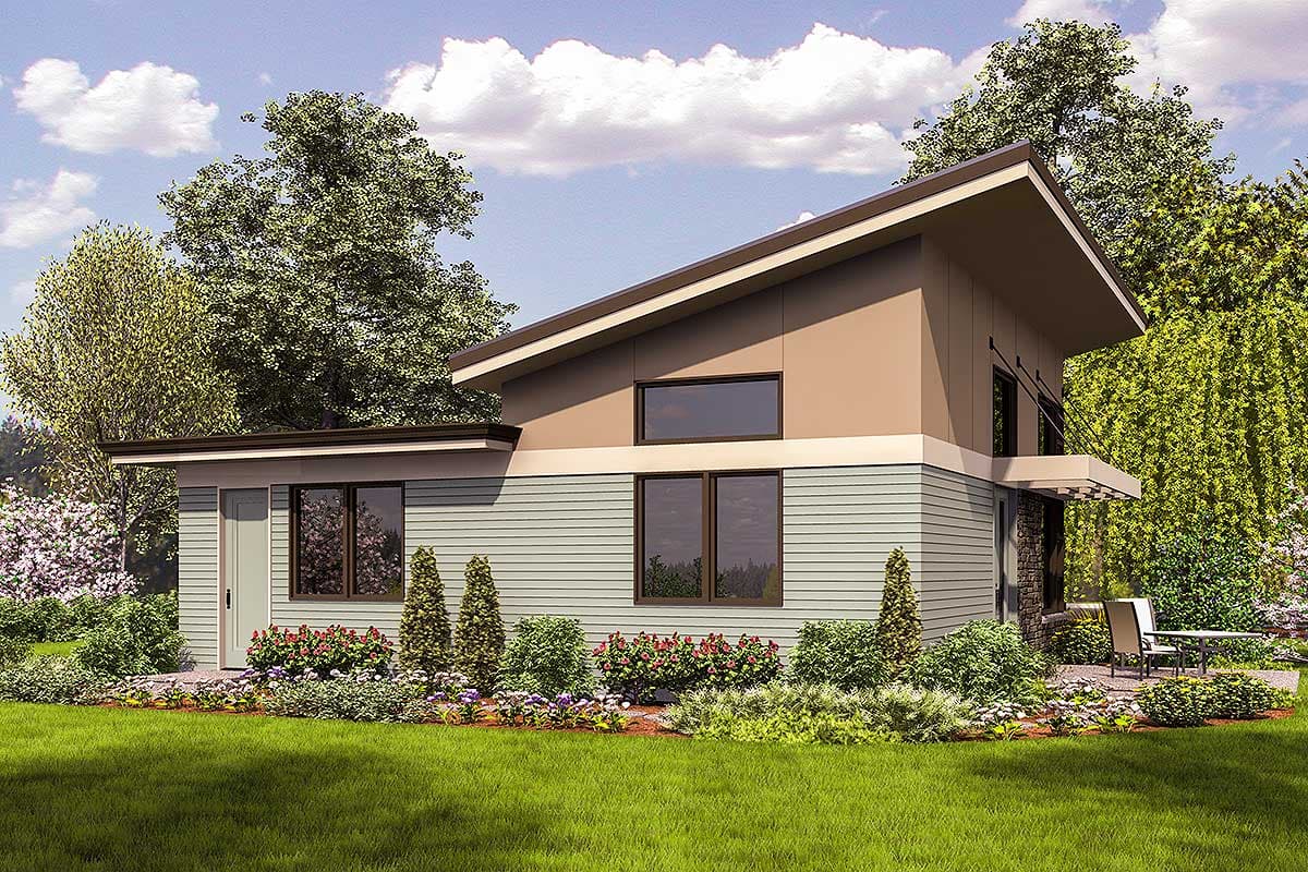 Modern house plan exterior with asymmetrical rooflines, horizontal siding, and large windows.
