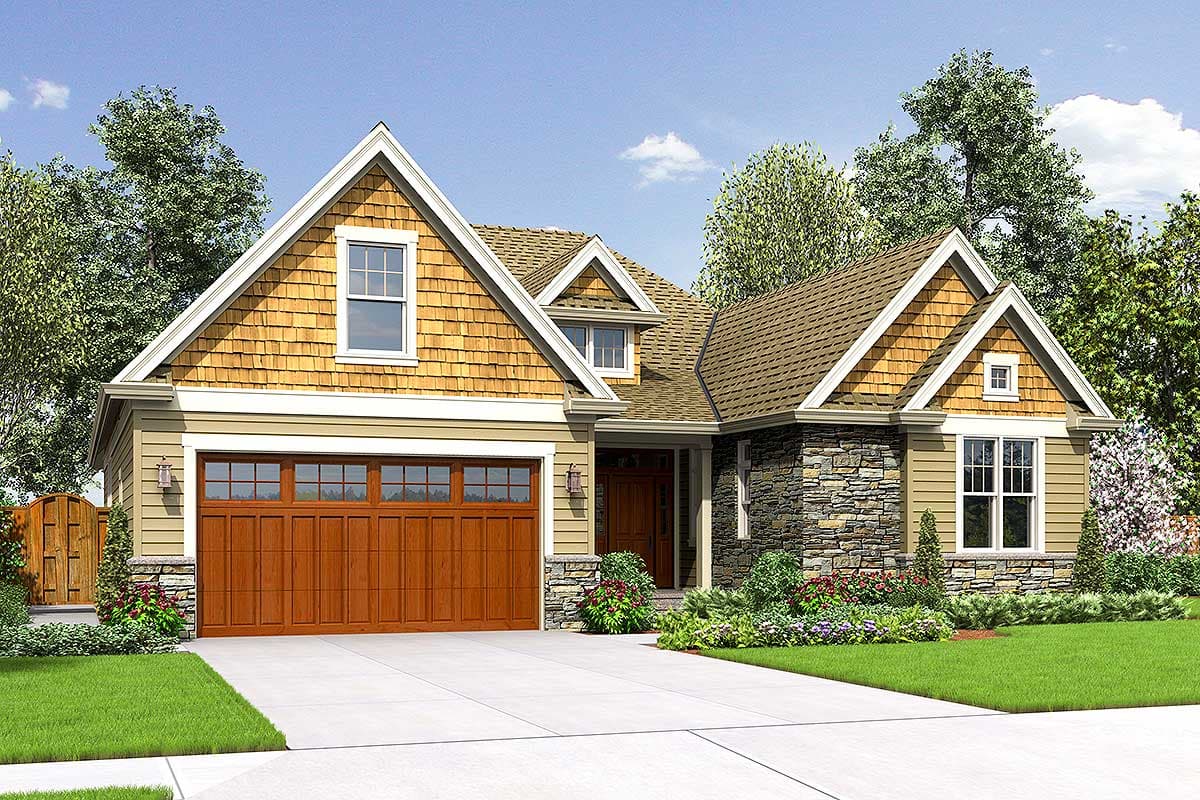 House plan exterior featuring a two-car garage, stone accents, wood shake siding, and multiple gables.