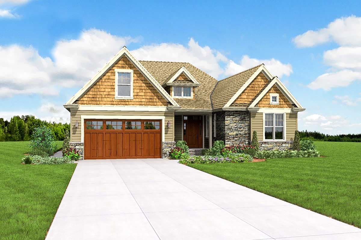 House plan exterior with stone and wood siding, prominent gables, and a side-entry garage.