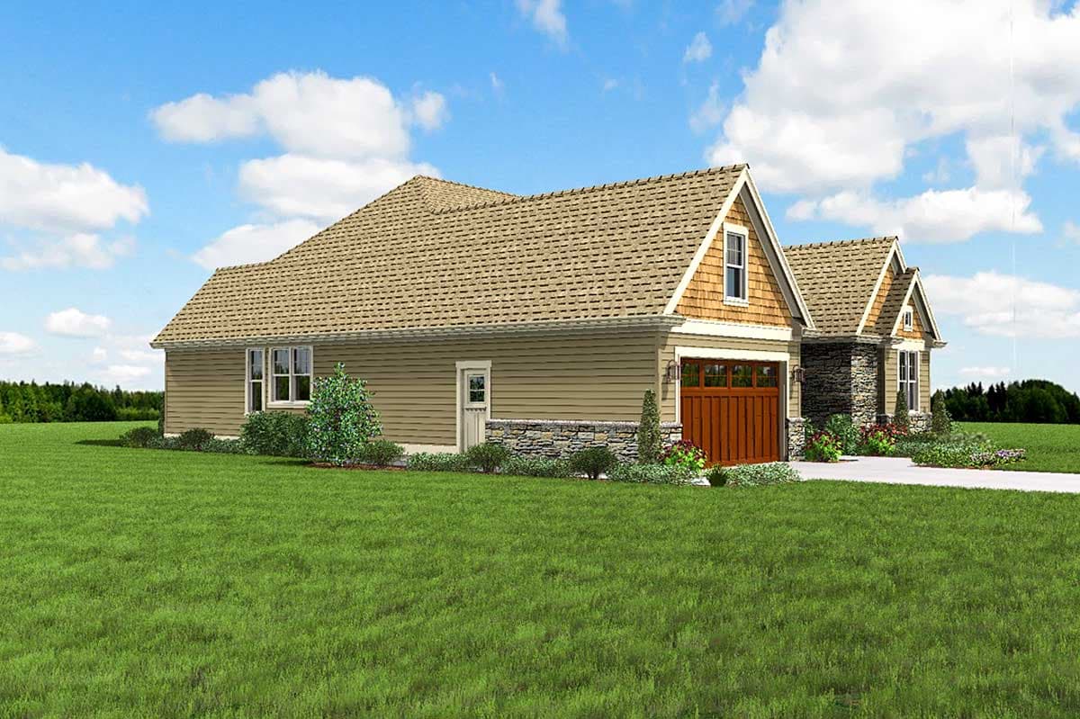 House plan exterior: one story, gable roof, wood siding, stone accents, and wood garage door.